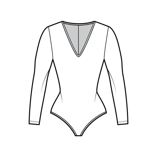 Stretch-Jersey Body technische Mode Illustration mit tiefem V-Ausschnitt, langen Ärmeln, Reißverschluss hinten einteilig — Stockvektor