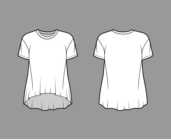 Boyfriend katoen-jersey T-shirt technische mode illustratie met klassieke crew hals, korte mouwen, high-low zoom — Stockvector