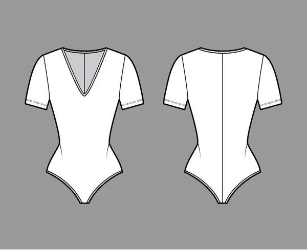 Стретч-футболка боді-костюм технічна модна ілюстрація з зануренням V-подібним вирізом, короткими рукавами, застібкою-блискавкою — стоковий вектор