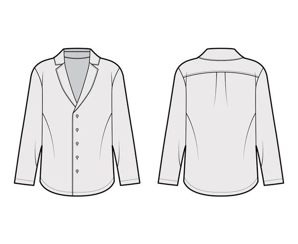 Pajama-style πουκάμισο τεχνική εικόνα μόδας με μυτερή εγκοπή γιακά, κουμπιά μπροστά, μακριά μανίκια. — Διανυσματικό Αρχείο