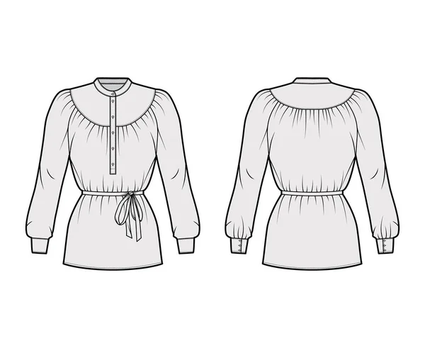 Belted blusa reunida técnica de moda ilustração com mangas compridas, colarinho de tangerina curvo, camisa de forma relaxada — Vetor de Stock