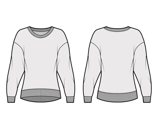 Baumwolle-Frottee-Sweatshirt technische Mode Illustration mit entspannter Passform, Rundhalsausschnitt, lange Ärmel. Flachspringer — Stockvektor