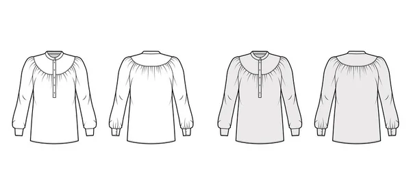 Bluse technische Modeillustration mit gerafftem Joch, langen Ärmeln, gebogenem Mandarinenkragen, Hemd mit entspannter Form — Stockvektor