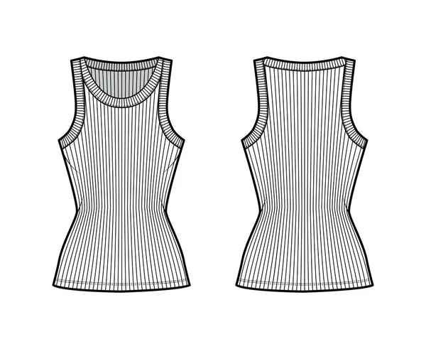 Ilustração de moda técnica de tanque de algodão-jersey com gola larga, corpo de malha equipado, camisola de comprimento túnica — Vetor de Stock