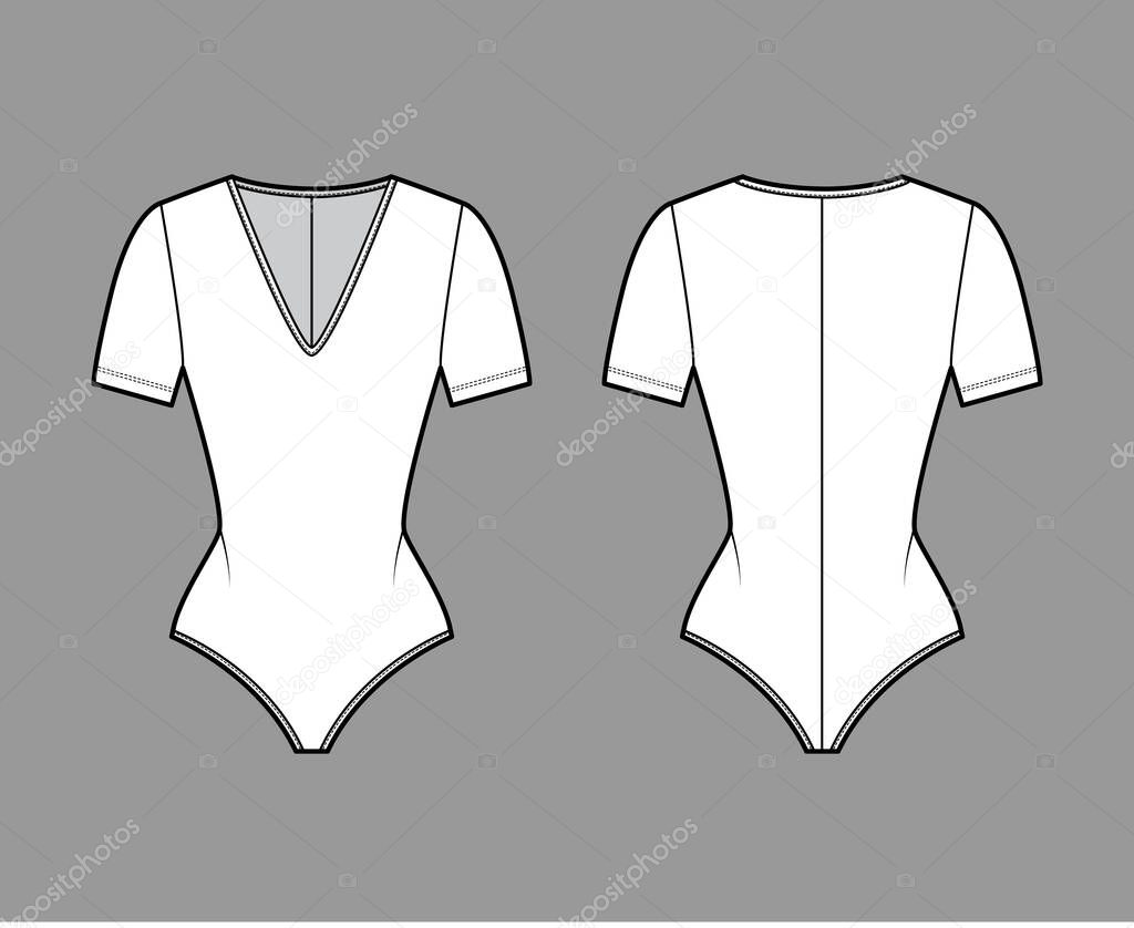 Stretch-jersey bodysuit technical fashion illustration with plunging V-neck, short sleeves, back zip fastening one-piece