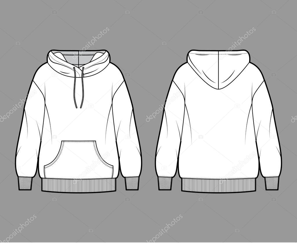 Oversized cotton-fleece hoodie technical fashion illustration with pocket, relaxed fit, long sleeves. Flat jumper