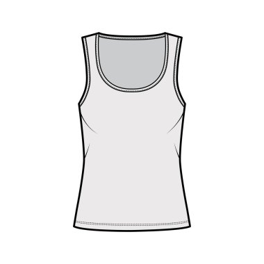 Pamuk-forma tankı teknik moda illüstrasyonu. Rahat, geniş yakalı, kolsuz. Düz giyim cami