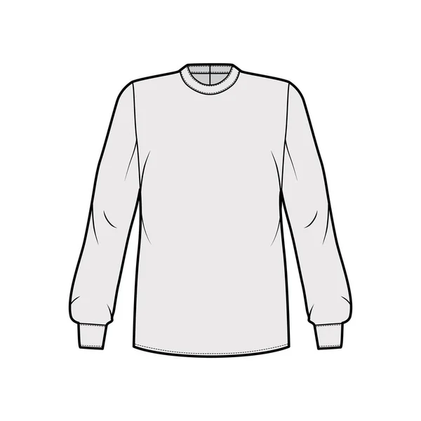 Μπλούζα τεχνική απεικόνιση μόδας με λουρί γιακά, μακριά μανίκια με cuff, oversized σώμα, πίσω φερμουάρ στερέωσης. — Διανυσματικό Αρχείο