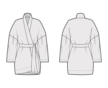 Kimono teknik tasviri, rahat formda, uzun kollu, belden yukarısına uzanan kemer.