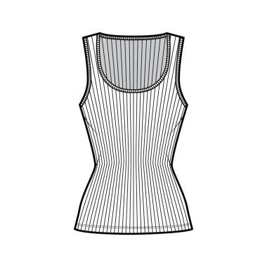 Tırtıklı pamuk-forma tankı teknik moda illüstrasyonu geniş kepçe yaka, sıkı örgü, tunik uzunluğunda gecelik