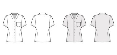 Açılı cepli, kısa kollu, rahat, düğmeli, normal yakalı gömlekler.