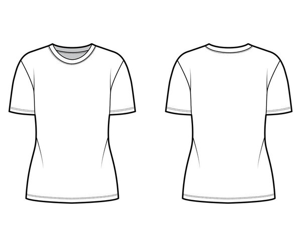 Cotton-jersey t-shirt technical fashion illustration with crew neck, short sleeves, tunic length, outwear basic blouse