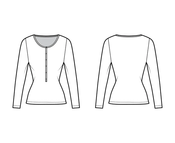Cotton-jersey top technische mode illustratie met lange mouwen, slim fit, scoop henley halslijn. Platte basiskleding — Stockvector
