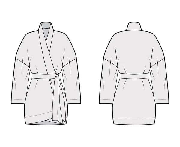 Kimono ilustração de moda técnica com ajuste relaxado, mangas largas longas, cinto para cinch a cintura acima do joelho comprimento —  Vetores de Stock