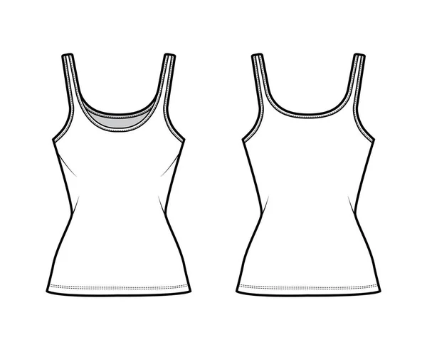 Ilustração de moda técnica de tanque de algodão-jersey com pescoço de colher, ajuste próximo, comprimento de túnica. Roupa plana camisola básica —  Vetores de Stock