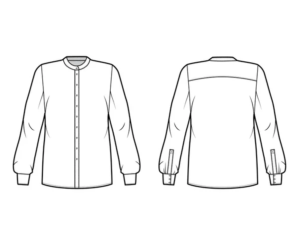 Camisa técnica de moda ilustración con cuello de mandarina redondeado, mangas largas con puño, sobredimensionado, yugo redondo trasero — Vector de stock