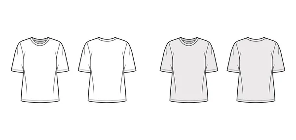 Футболка з бавовняною футболкою технічна модна ілюстрація з командним вирізом, рукавами ліктя, надмірною довжиною туніки. Плоский — стоковий вектор