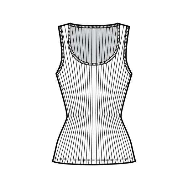 Ilustração de moda técnica de tanque de algodão-jersey com gola larga, malha de ajuste próximo, camisola de comprimento túnica —  Vetores de Stock