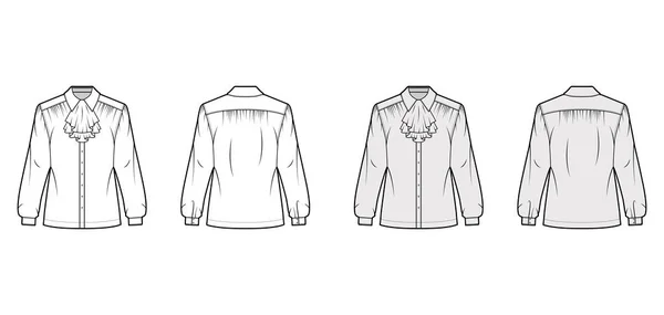 Camisa Jabot ilustración técnica de moda con mangas largas con puño, volante a lo largo del cuello clásico, sobredimensionado — Vector de stock