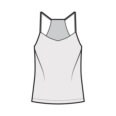 V yakalı, kayışlı, rahat formalı, tunik uzunluklu yarış öncüsü teknik tasviri. Düz giyim deposu