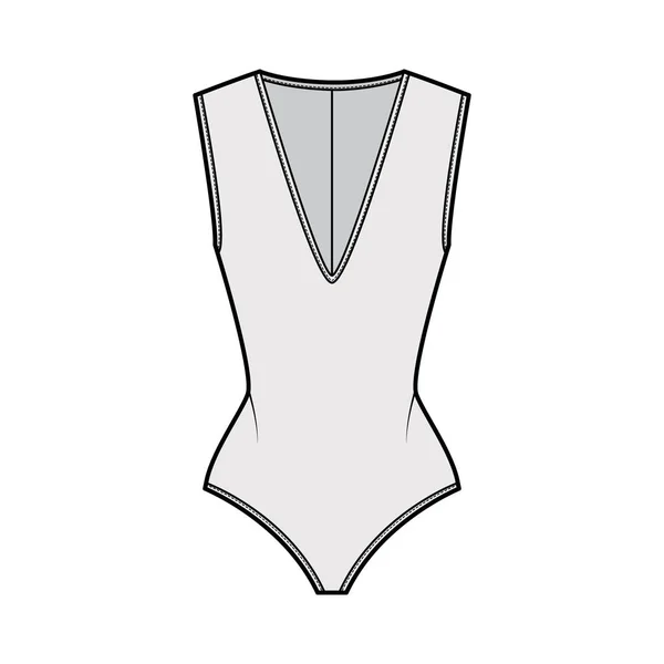 Stretch-jersey bodysuit technische mode illustratie met dompelende V-hals, beeldhouwen fit, achterrits sluiting. — Stockvector