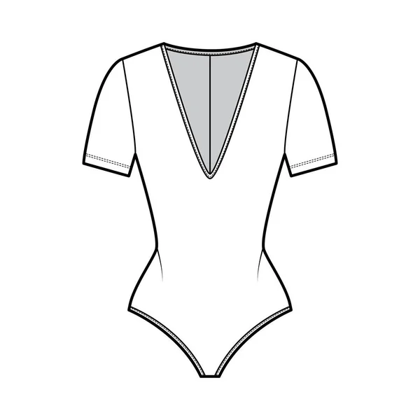 Stretch-jersey bodysuit technische mode illustratie met onderdompeling V-hals, beeldhouwen fit, korte mouwen een stuk — Stockvector