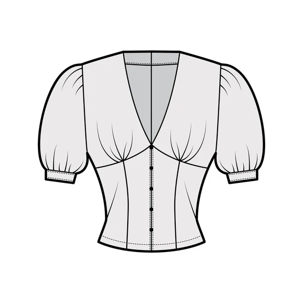 Bluse technische Mode Illustration mit mittlerem Puffärmel, tiefem V-Ausschnitt, schlanker Passform, vorderer Knopfverschluss. — Stockvektor