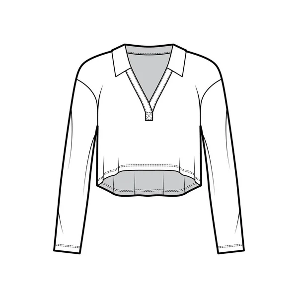 Ilustración de moda técnica superior de algodón elástico recortado con mangas largas, cuello que delinea el escote en V. Camisa plana — Vector de stock