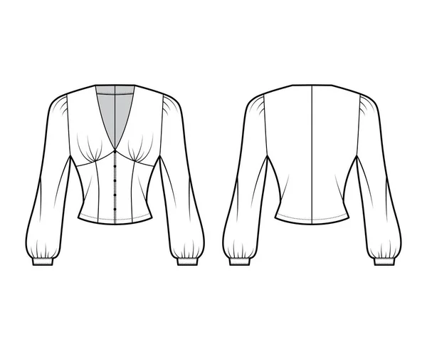주교 소매가 길고 , V 목줄이 빠지고, 어깨가 불룩 하고, 딱 맞는 셔츠를 입고 있는 블라우스 기술 패션 일러스트. — 스톡 벡터