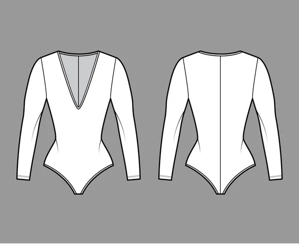 紧身紧身紧身紧身衣技术时尚图例，V字领线下垂，造型合身，长袖单件 — 图库矢量图片