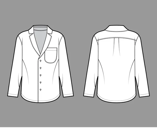 끝이 뾰족 한 옷깃, 앞 단추 고정, 둥근 포켓, 긴 소매가 달린 셔츠 기술적 패션 삽화. — 스톡 벡터