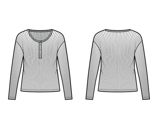 Clásico acanalado para hombre estilos algodón-jersey superior ilustración técnica de moda con mangas largas, escote de henley cucharada — Vector de stock