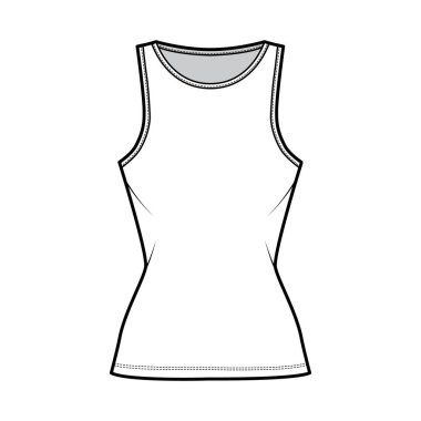 Pamuk-forma tankı teknik moda illüstrasyonu ince, uzun kenarlı, tayfa yakalı. Düz temel kıyafet.