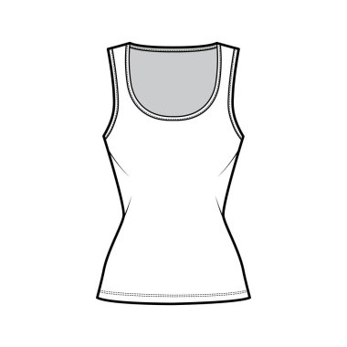 Pamuk-forma tankı teknik moda illüstrasyonu ince formalı, geniş yakalı, kolsuz. Düz giyim cami