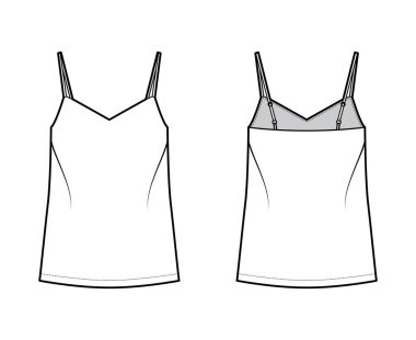 V yakalı, kayışlı, rahat formalı, tunik uzunluklu Camisole teknik tasviri. Düz giyim deposu