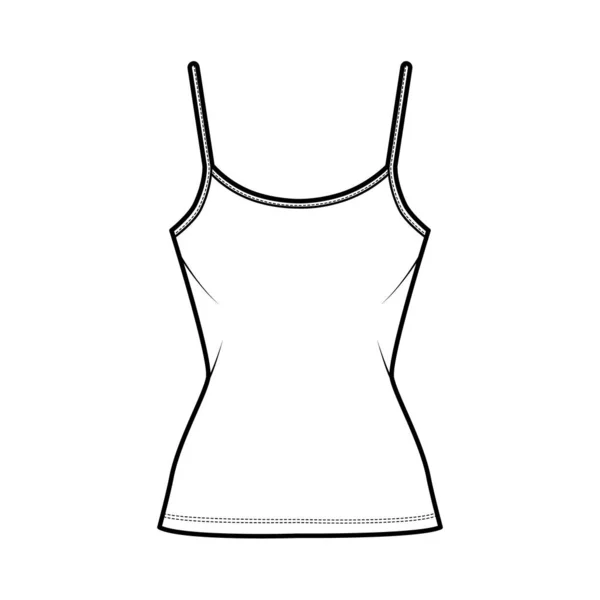Bomull-jersey camisole teknisk mode illustration med scoop hals, monterad kropp tunika längd. Flat outwear Basic tank — Stock vektor
