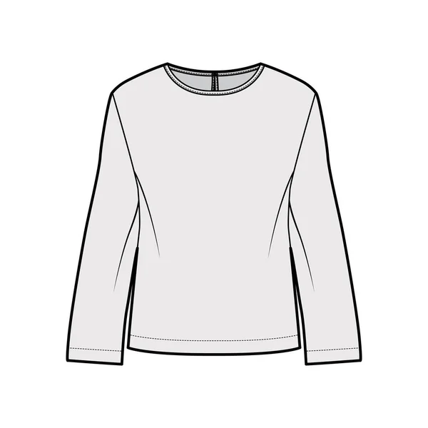 Классическая блузка техническая модная иллюстрация с длинными рукавами, круглая шея с застежкой на задней кнопке замочной скважины — стоковый вектор