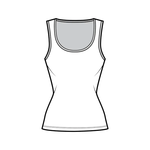 Ilustração de moda técnica de tanque de algodão-jersey com ajuste fino, decote de colher larga, sem mangas. Roupa plana cami —  Vetores de Stock