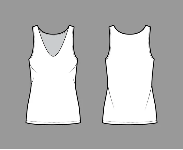 Ilustração de moda técnica de tanque de algodão-jersey com ajuste relaxante, mergulho decote em V, sem mangas. Camisola de roupa plana — Vetor de Stock