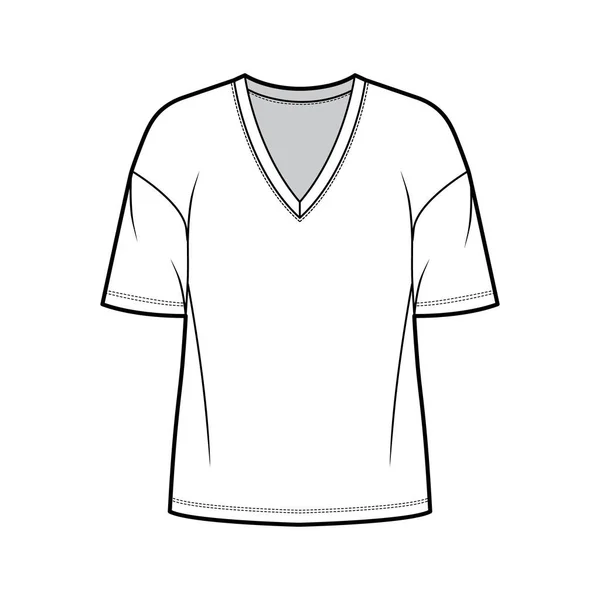 Katoen-jersey t-shirt technische mode illustratie met dompelende V-hals, elleboogmouwen, vallende schouders — Stockvector