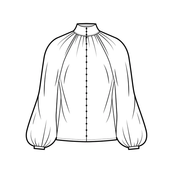 셔츠를 입은 목에하이 컷 블라우스 기술적 인 패션 일러스트와 긴 비숍 슬리브, 전면 버튼을 붙이기, 지나치게 큰 사이즈 — 스톡 벡터