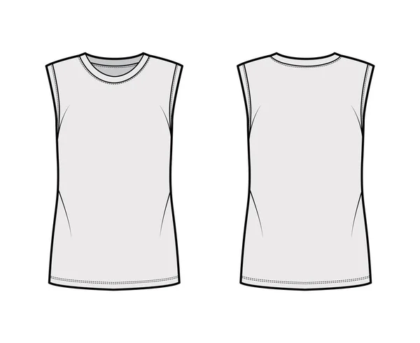 Cotton-jersey δεξαμενή τεχνική απεικόνιση μόδας με το πλήρωμα λαιμόκοψη, υπερμεγέθης, κομμένα armholes. Επίπεδο outwear βασικό πουκάμισο — Διανυσματικό Αρχείο