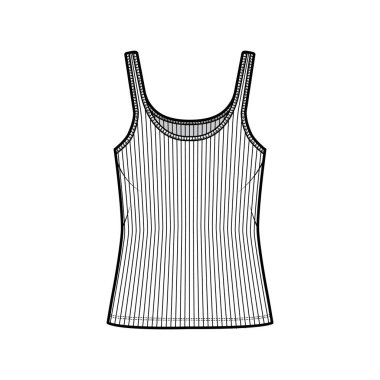 Tırtıklı pamuk-forma tankı teknik moda illüstrasyonu kepçe yaka, rahat örgü, tunik uzunluğu. Düz gecelik.