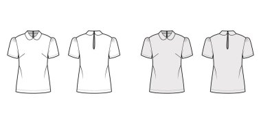 Peter Pan yakalı bluz, kısa kollu, rahat vücutlu, düğmeli anahtar delikli teknik moda illüstrasyon