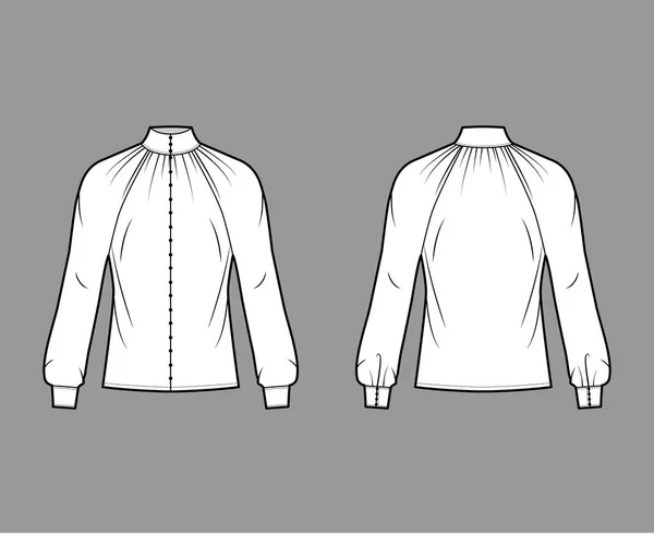 Shirred high-cut hals blouse technische mode illustratie met lange mouw, front-knop-sluiting, losse silhouet — Stockvector