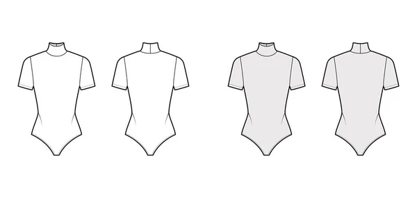 Ballet stretch-jersey coltrui bodysuit technische mode illustratie met korte mouwen. Platte eendelige kleding — Stockvector