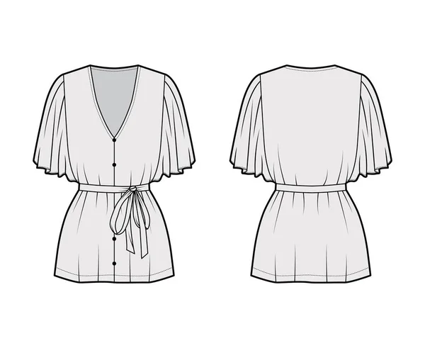 Ilustración técnica de la moda de la blusa con las mangas del círculo del codo de la bengala, hundiendo el escote en V, cinturón de la corbata en la cintura — Vector de stock