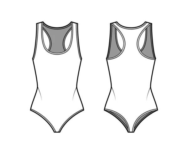 Cotton-jersey thong bodysuit ilustração de moda técnica com racer-back, decote em U profundo. Roupa plana uma peça — Vetor de Stock