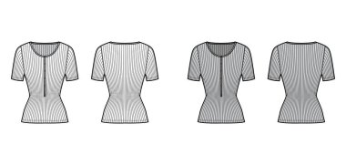 Kısa kollu, dar kesim, kepçe yakalı, pamuklu-formalı üst düzey teknik moda illüstrasyonu. Düz gömlek.