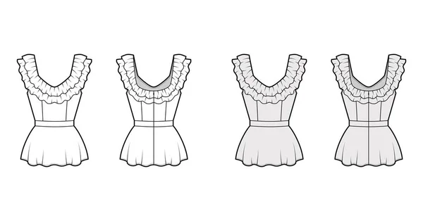 Плюшева блузка технічна модна ілюстрація з 2 шарами рюшів вздовж діамантового декольте, застібка-блискавка . — стоковий вектор